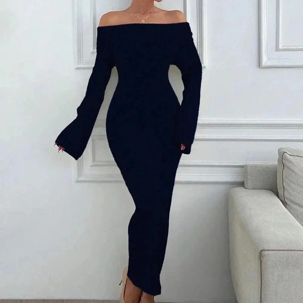 Black Elegant Women's Off Shoulder Sweater Maxi Dress Slim Fit - Picture 7 of 7